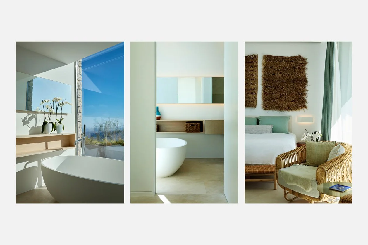 Tríptico de bañera exenta, baño luminoso y rincón de dormitorio
