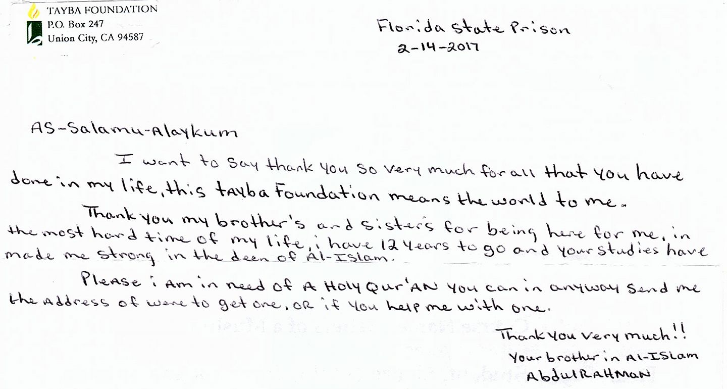 A letter from an inmate in Florida