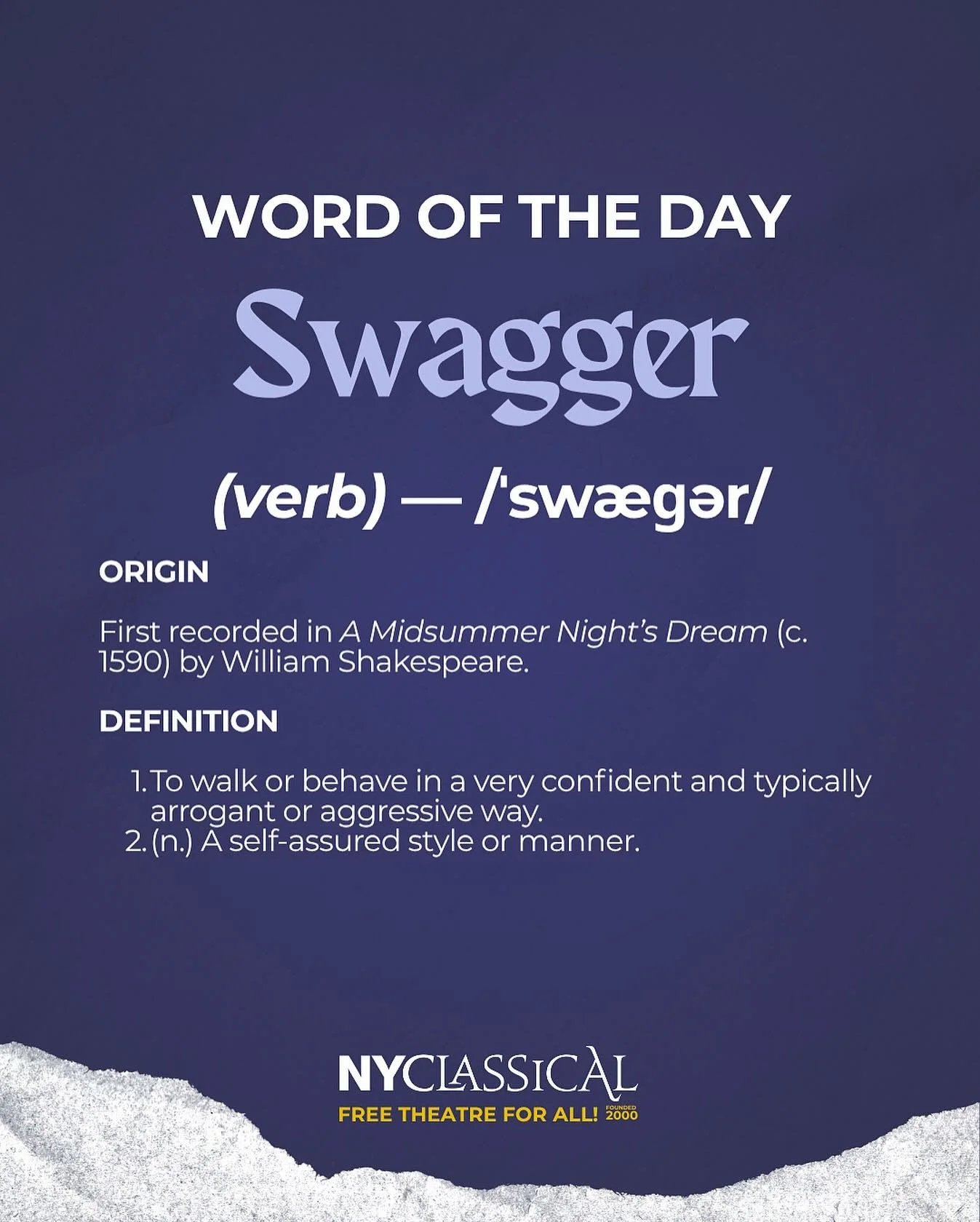 Strutting with confidence? You can thank Shakespeare for this one! First used in &ldquo;A Midsummer Night&rsquo;s Dream,&rdquo; &lsquo;swagger&rsquo; has been making people walk with attitude since 1590. Just ask Mick Jagger! 💃🏽✨ 

#Shakespeare 
#S