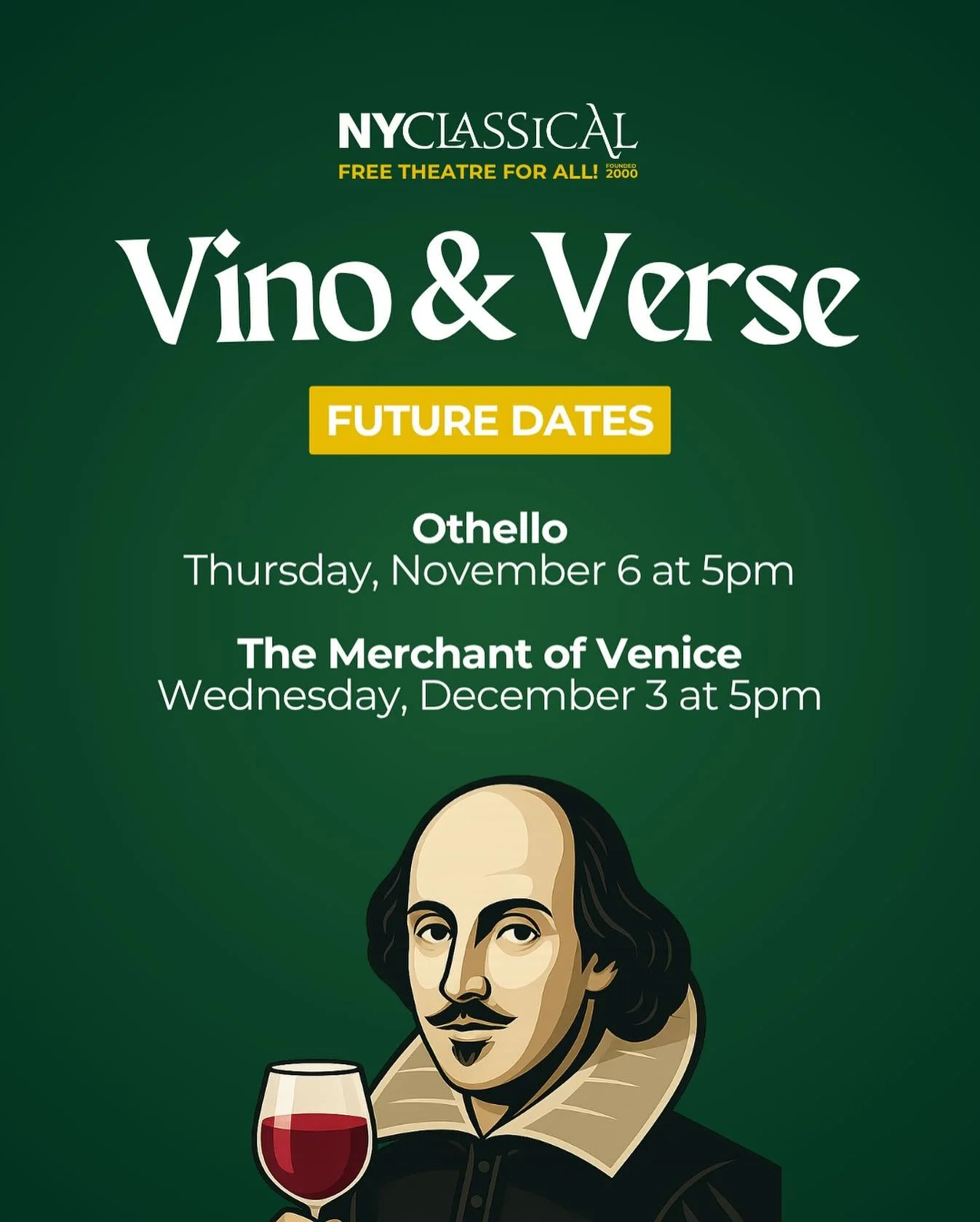 Sip, think, and talk Shakespeare with us! 🍷📖

Next up in Vino &amp; Verse! 
🗓️ Nov 6 &ndash; OTHELLO with Matthieu Chapman
🗓️ Dec 3 &ndash; THE MERCHANT OF VENICE with Dr. Sophia Murashkovsky Romma

Join us in person or online for these rich expl