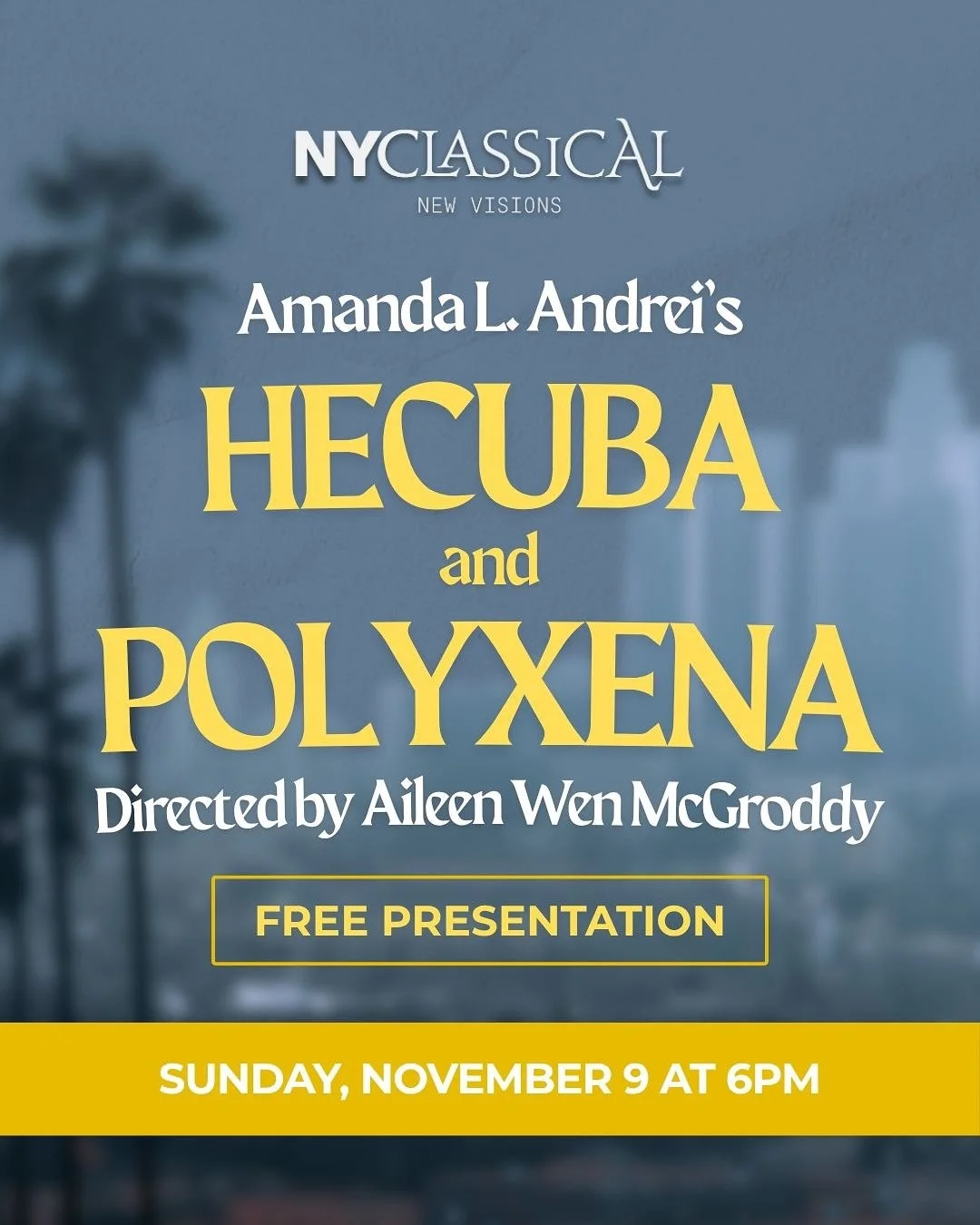 Experience a new myth for our time.

Join New York Classical Theatre on Sunday, November 9 for a work-in-progress staged presentation of Hecuba and Polyxena by Filipino-American playwright Amanda L. Andrei &mdash; a haunting, surreal reimagining of E
