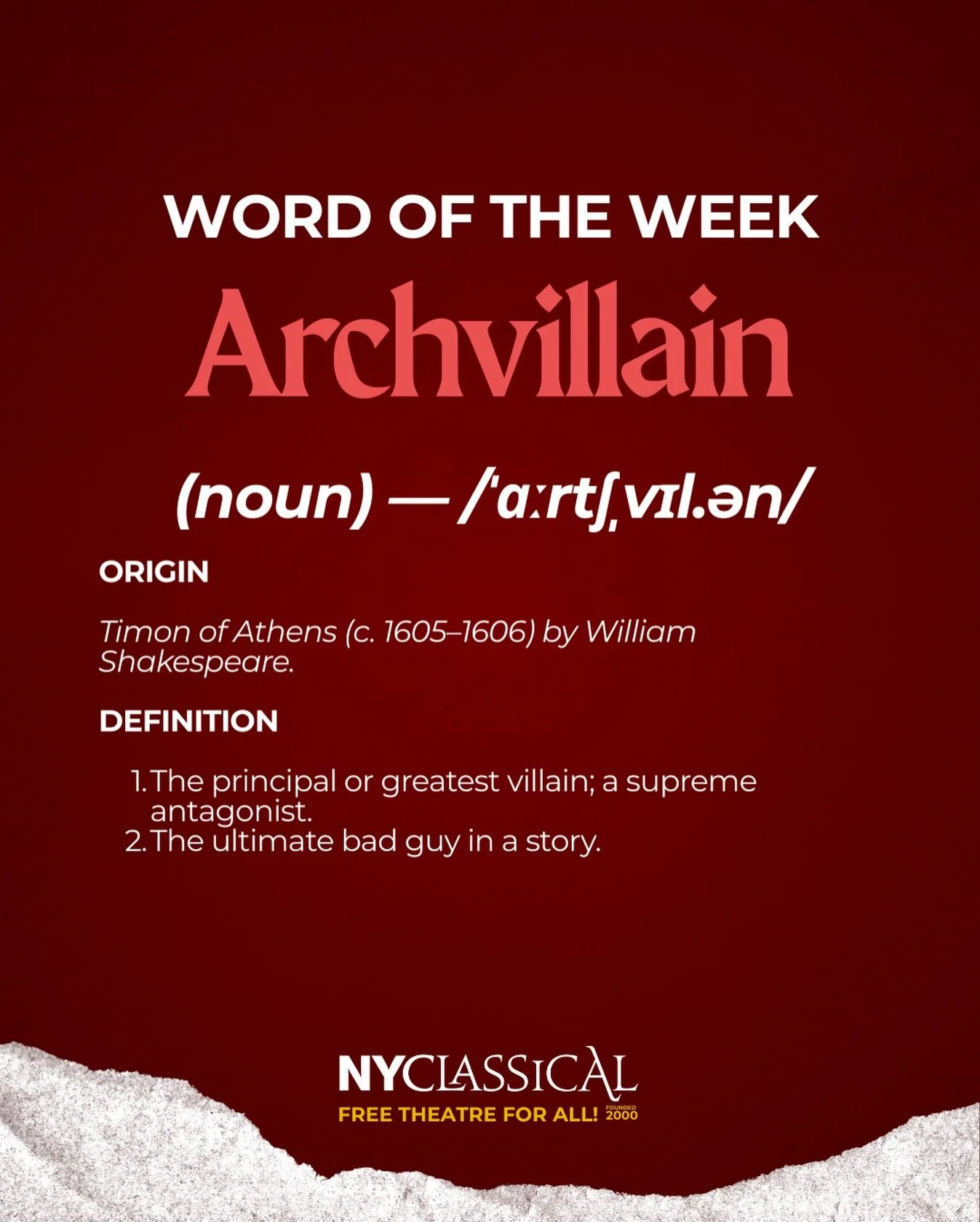 Long before comic books, Shakespeare coined &ldquo;archvillain&rdquo; in 𝙏𝙞𝙢𝙤𝙣 𝙤𝙛 𝘼𝙩𝙝𝙚𝙣𝙨 to describe the ultimate bad guy. Every great story needs a great villain! 👹❤️&zwj;🔥

Now name the foulest archvillain baddie YOU know! 🔥👇

#Arc