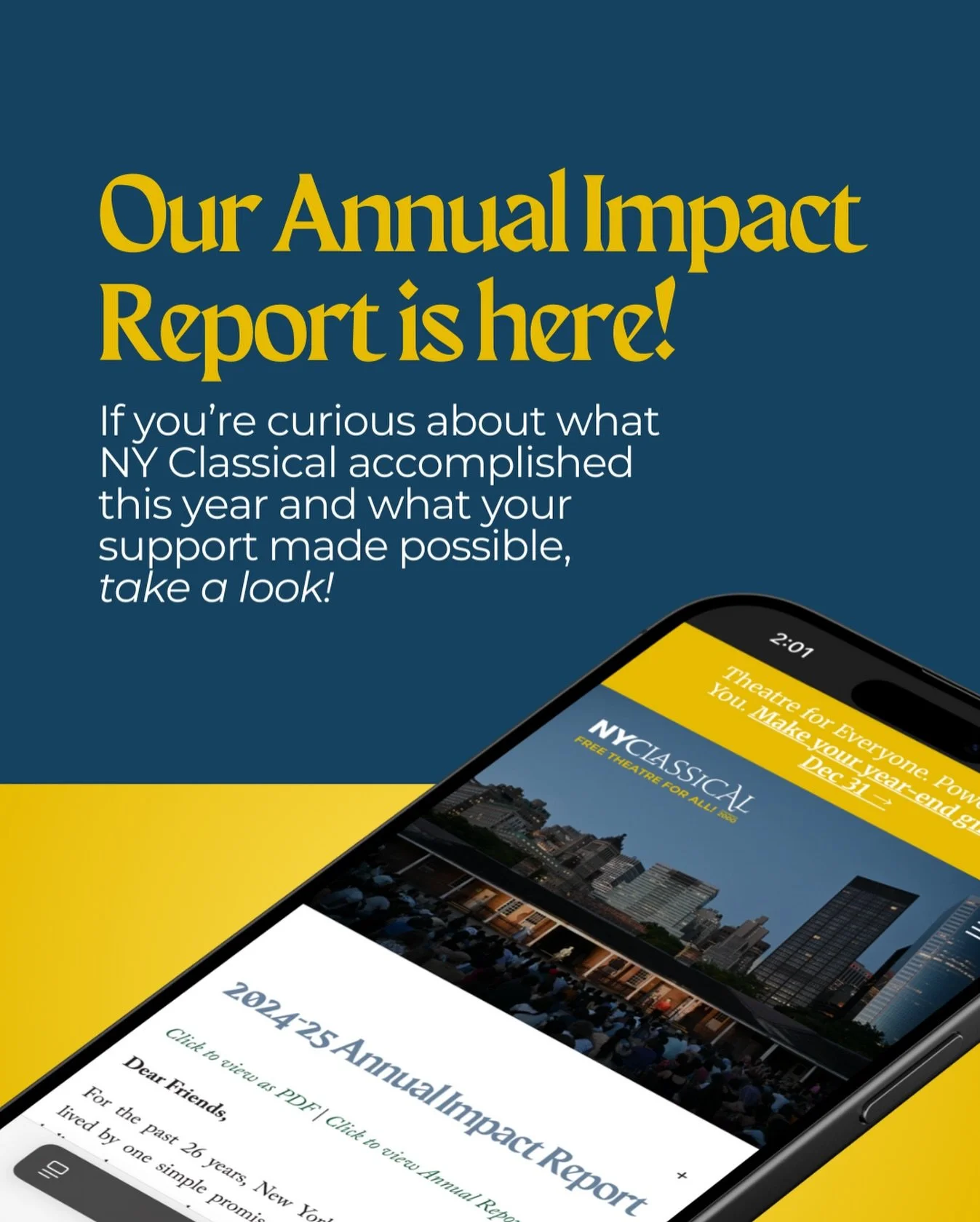 Our Annual Impact Report is here! 🎭✨

This year, thanks to your support, NY Classical brought FREE theatre to thousands of New Yorkers &mdash; from gathering audiences in parks across the city to hosting special events that bring our community toget