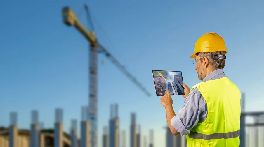 Yellow hard-hatted onstruction worker looking at digital plans.jpg