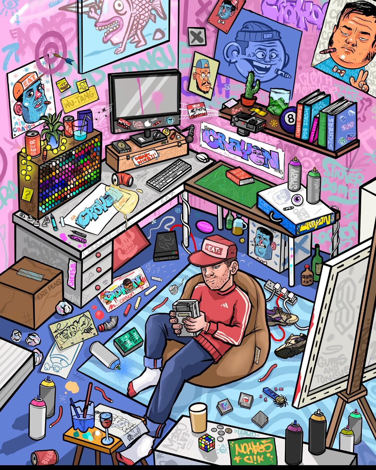My studio 20 minutes after it&rsquo;s been tidied . This illustration is a little sneak preview of a cool project I&rsquo;m working on with @stickerbomb &amp; @soico.xyz , that should be dropping later this year. 

#stickerbomb #illustrationartists #