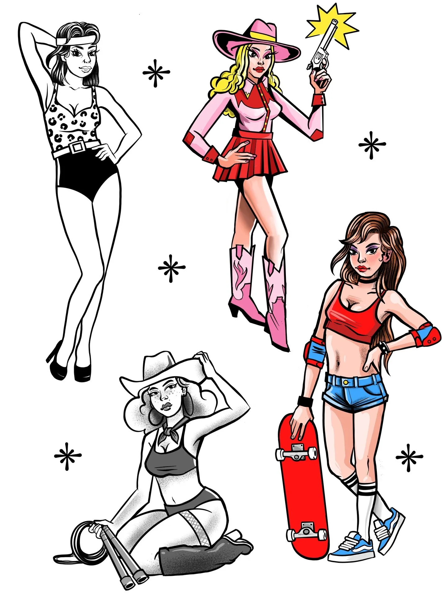 Here&rsquo;s a few pin-up concepts I made recently. It would be amazing to get some work like this in the portfolio and I&rsquo;m super keen to do some more full colour tattoos &hellip;.I got all the space early Jan 😉🪿 

@Thedoordieclub #pinups #pi