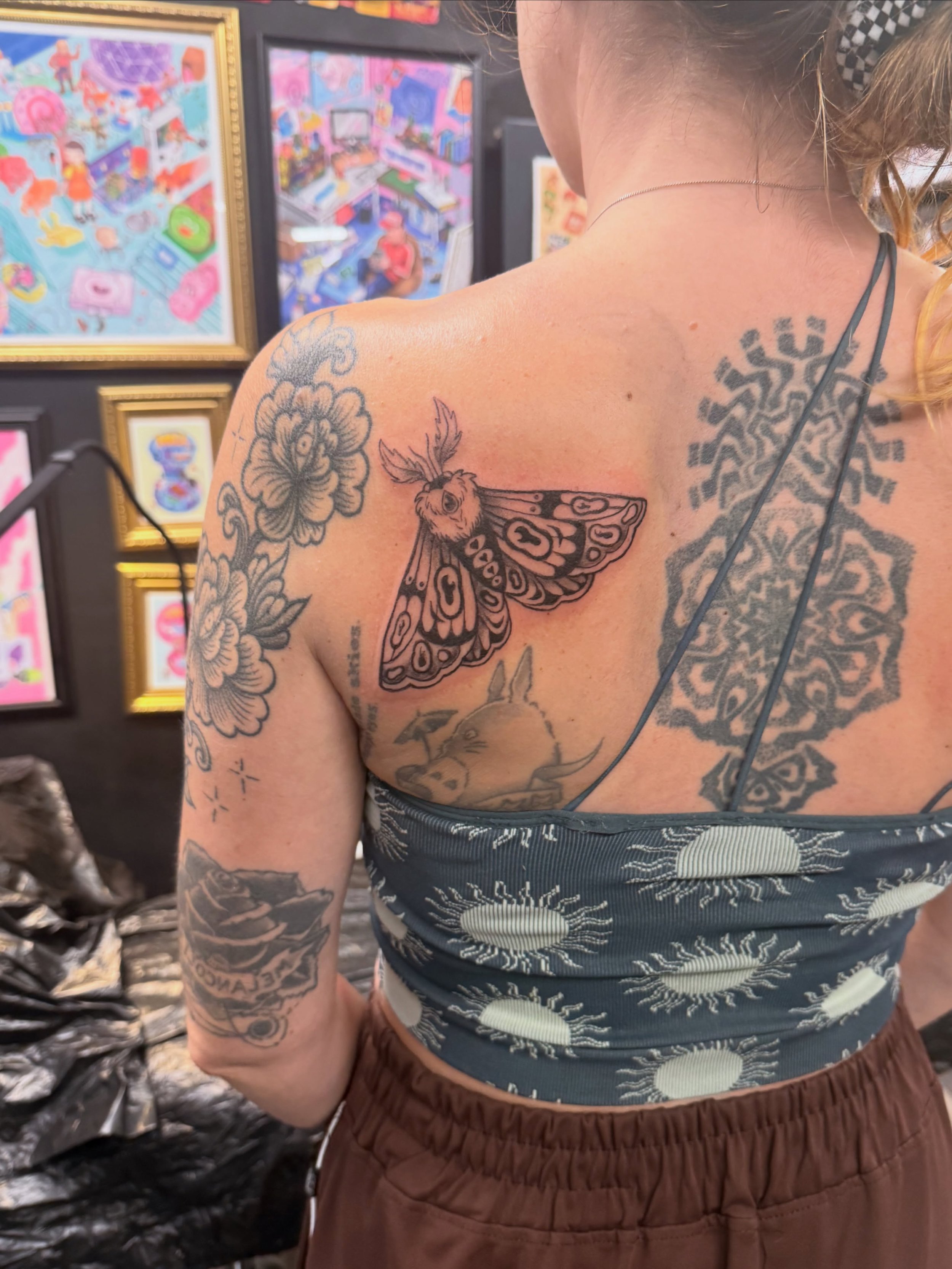 A moth tattoo for my super talented friend @onirical_zubieta . Always a pleasure tattooing the homies . My first time tattooing a shoulder blade 🫪 . Scroll for a few more Moth designs , would love to do more moth tattoos. Hit me up if you want your 