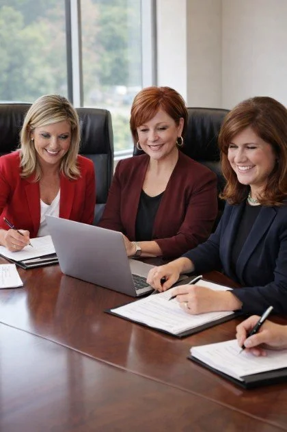Jo Trizila, Tammy Cancela and Karen Carrera sitting in their conference room holding a meeting.