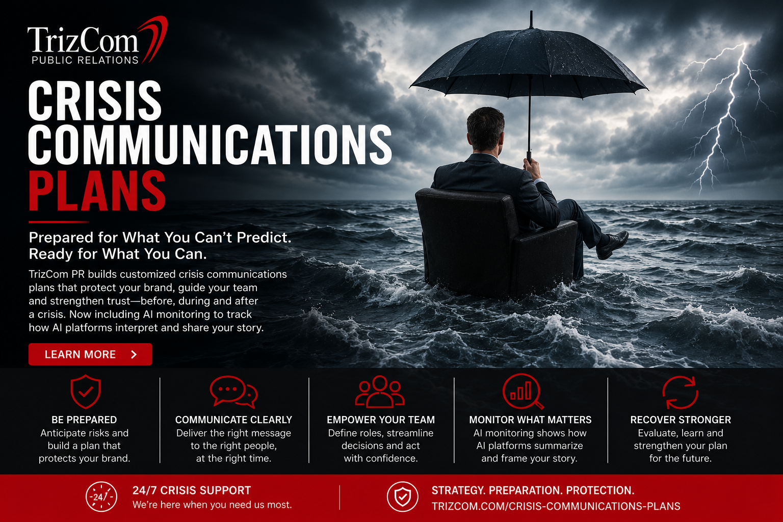 TrizCom PR crisis communications planning header showing preparedness, AI monitoring and reputation protection during a storm.