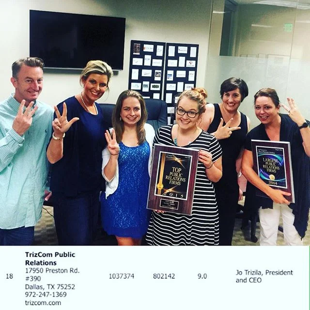 From the TrizCom Instagram page, celebrating our 3rd year on the Dallas Business Journal's "Largest PR Firms" list.