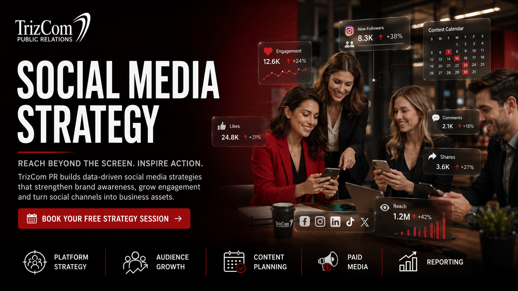 TrizCom PR social media strategy header showing a team using smartphones, social metrics and audience growth.