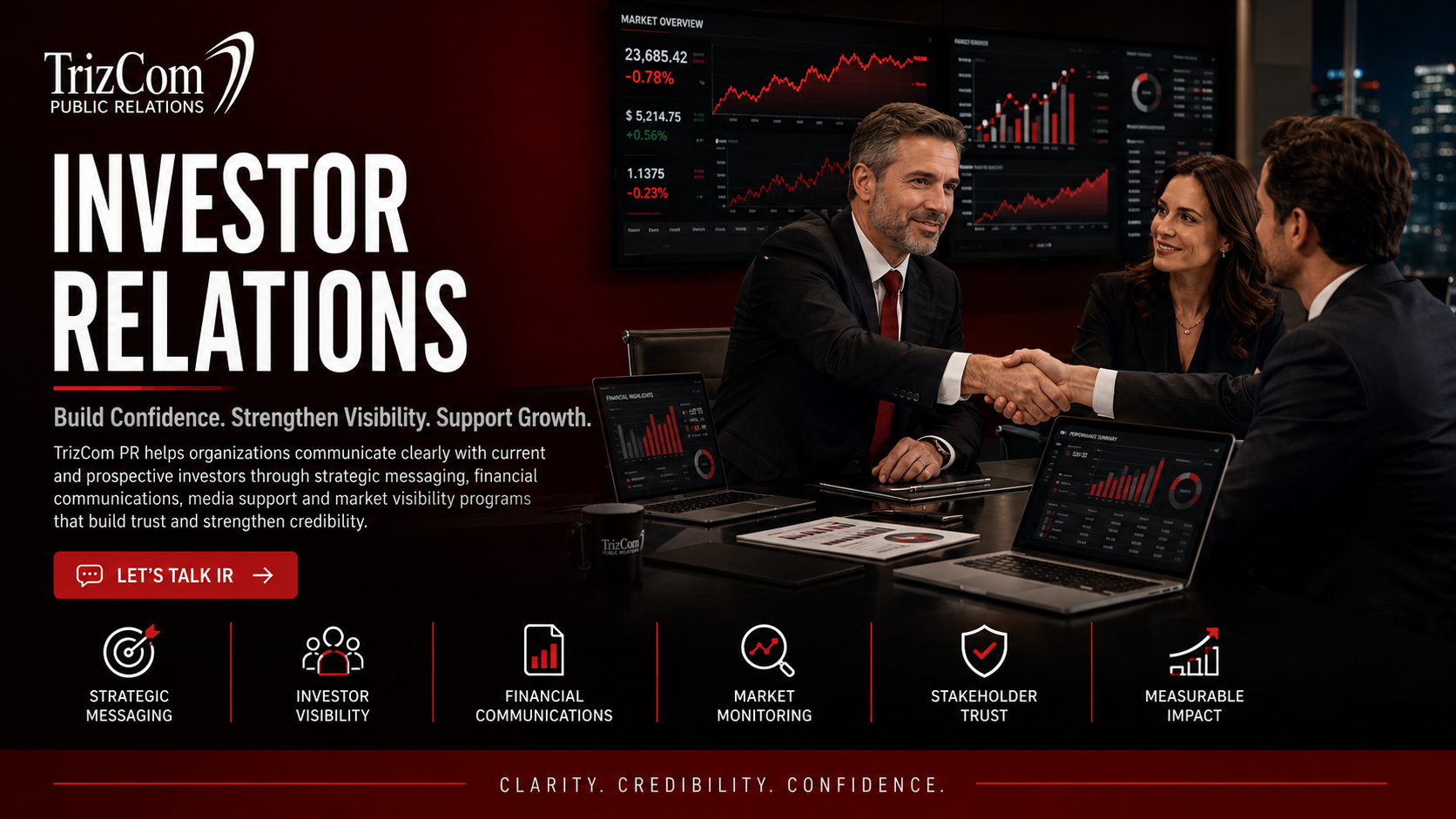 TrizCom PR investor relations header showing financial markets, investor meetings and strategic communications.