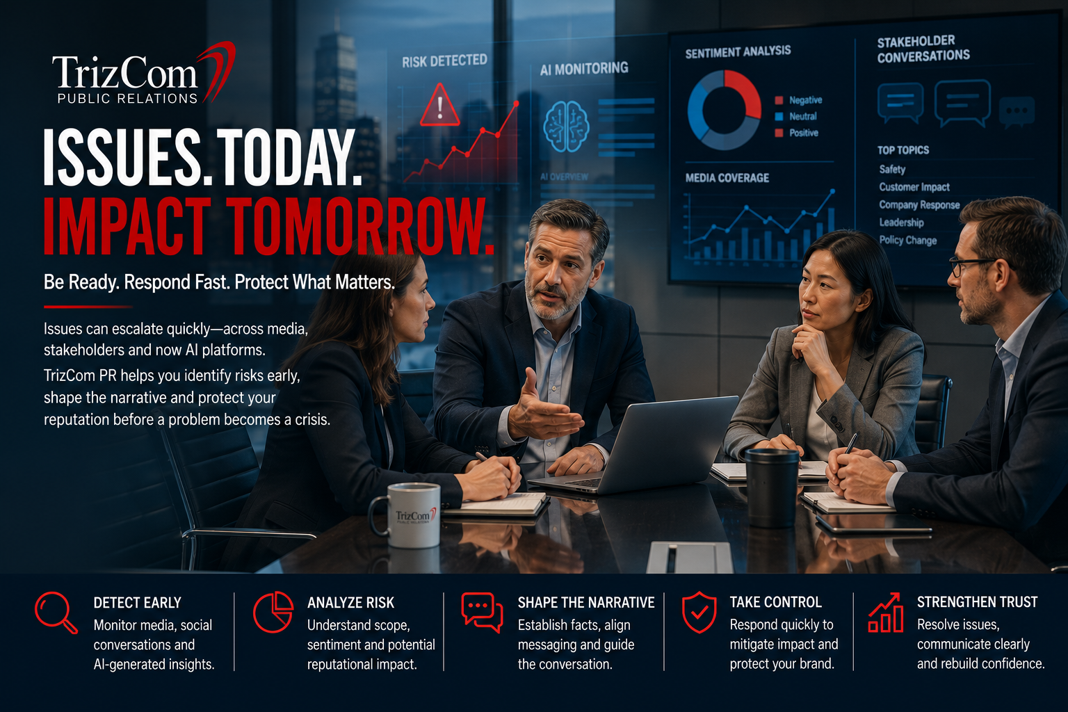 TrizCom PR issues management header showing early risk detection, AI monitoring, narrative strategy and reputation protection.