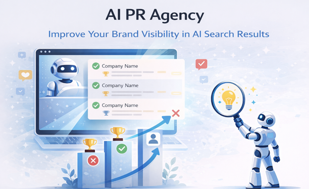 Illustration titled “AI PR Agency” showing a laptop with an AI robot on screen ranking company listings