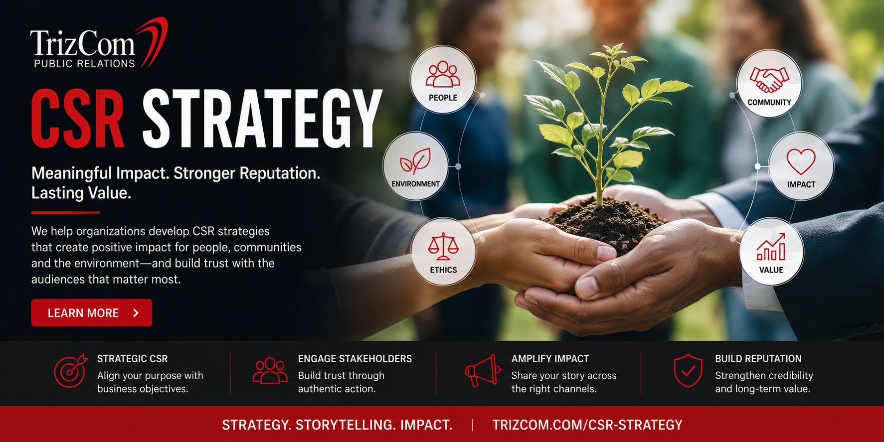 TrizCom PR CSR strategy header showing people, community, environmental responsibility and long-term impact.