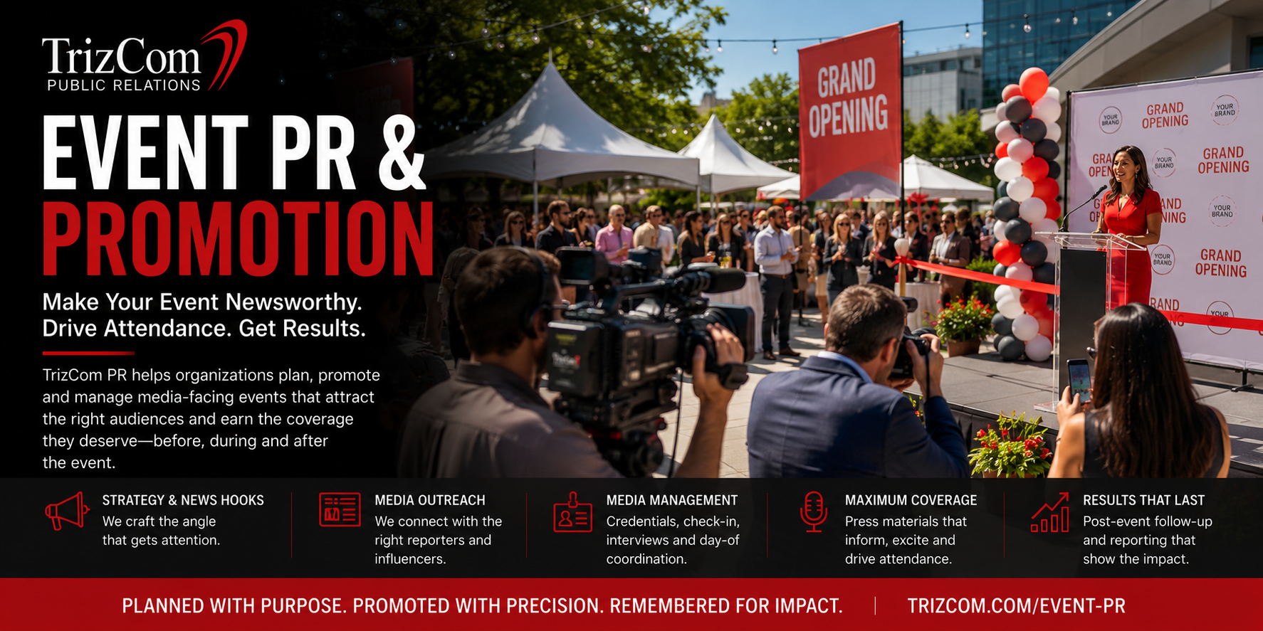 TrizCom PR event promotion header showing a grand opening, media coverage and audience engagement.