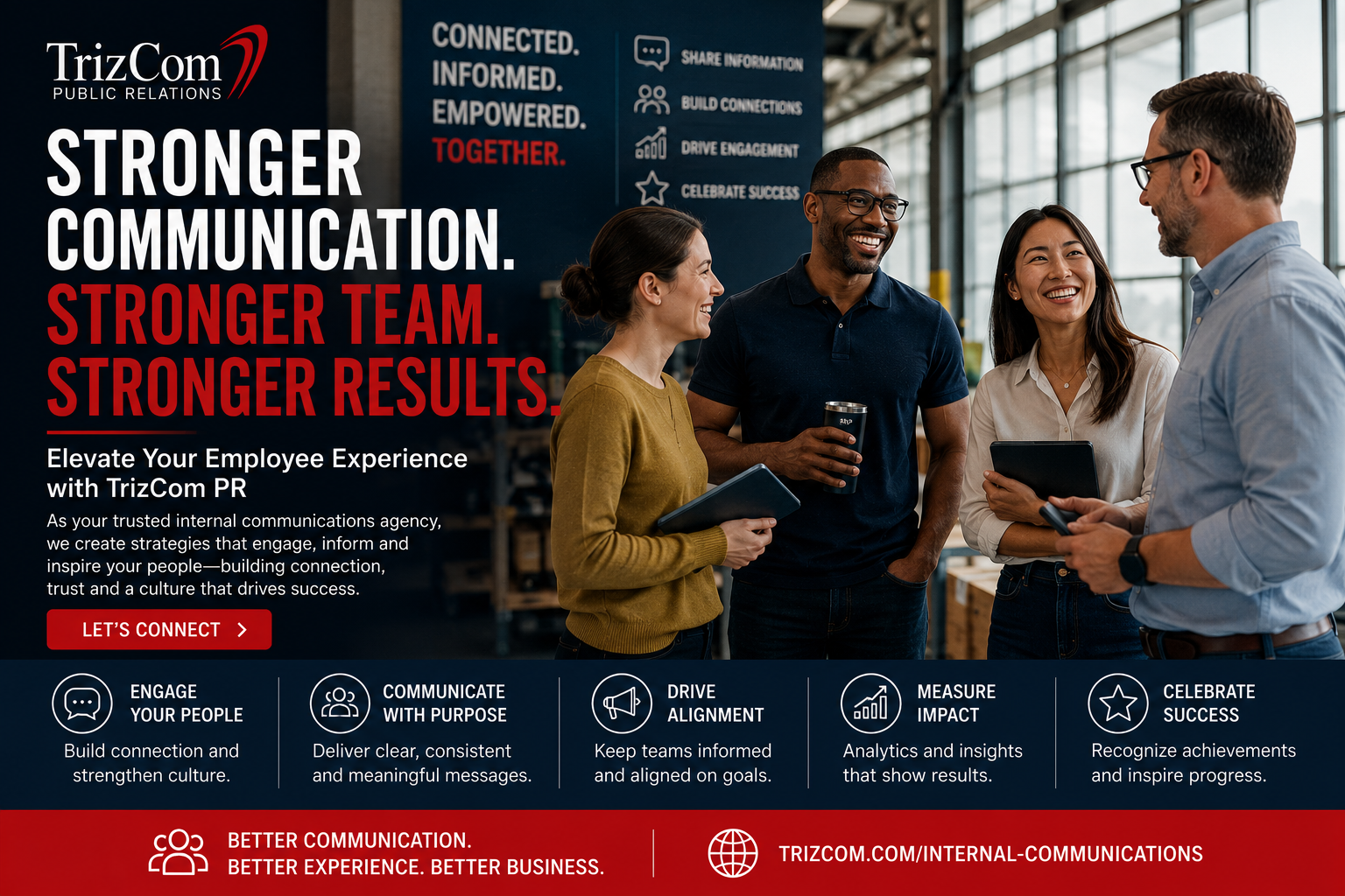 TrizCom PR internal communications header showing employee engagement, team alignment and measurable impact.