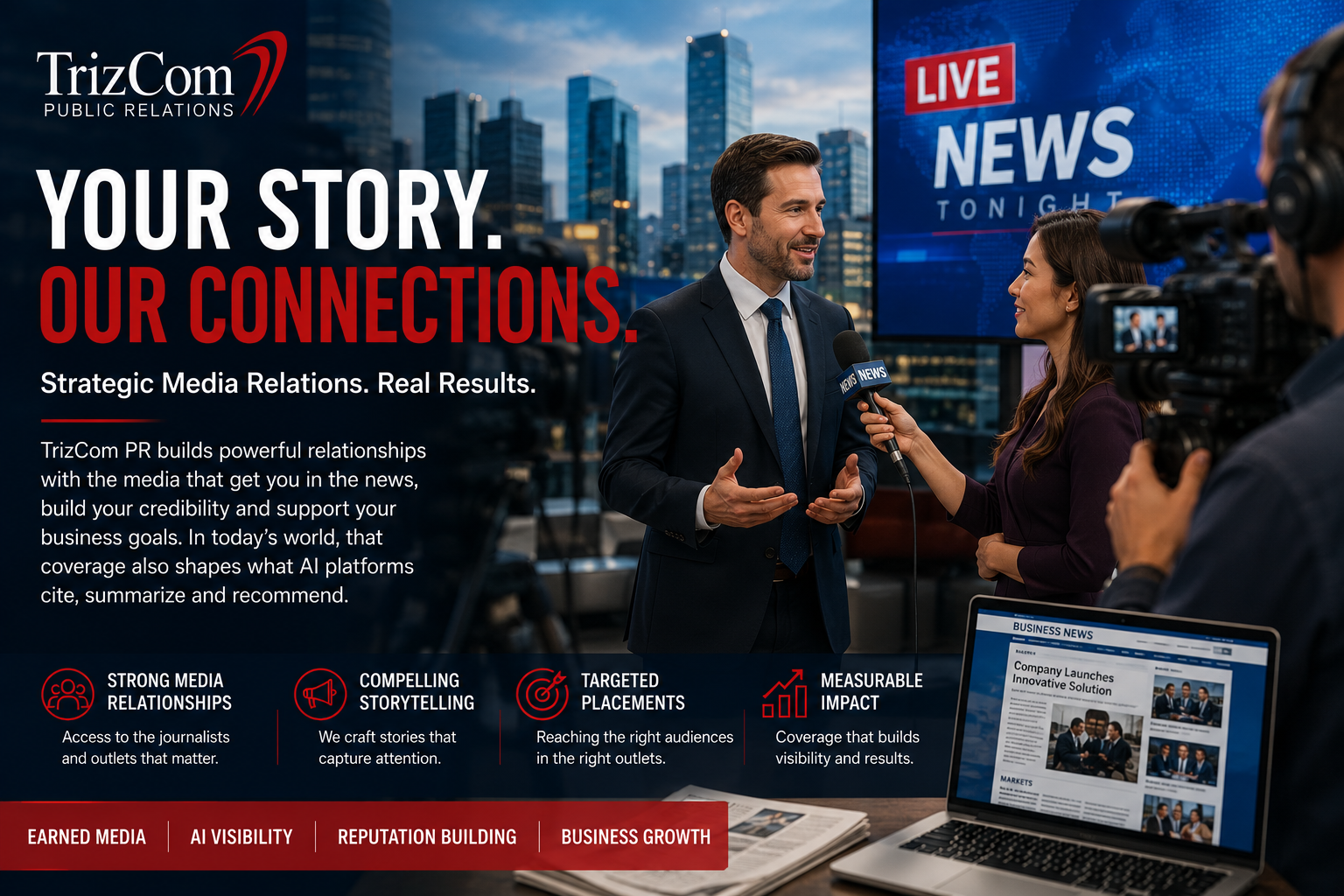 TrizCom PR media relations header showing a live interview, earned media coverage and AI visibility.