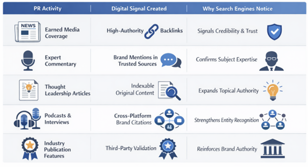 Chart showing how public relations activities such as earned media coverage, expert commentary, thought leadership and interviews create credibility signals like backlinks and brand mentions that influence search engine visibility.