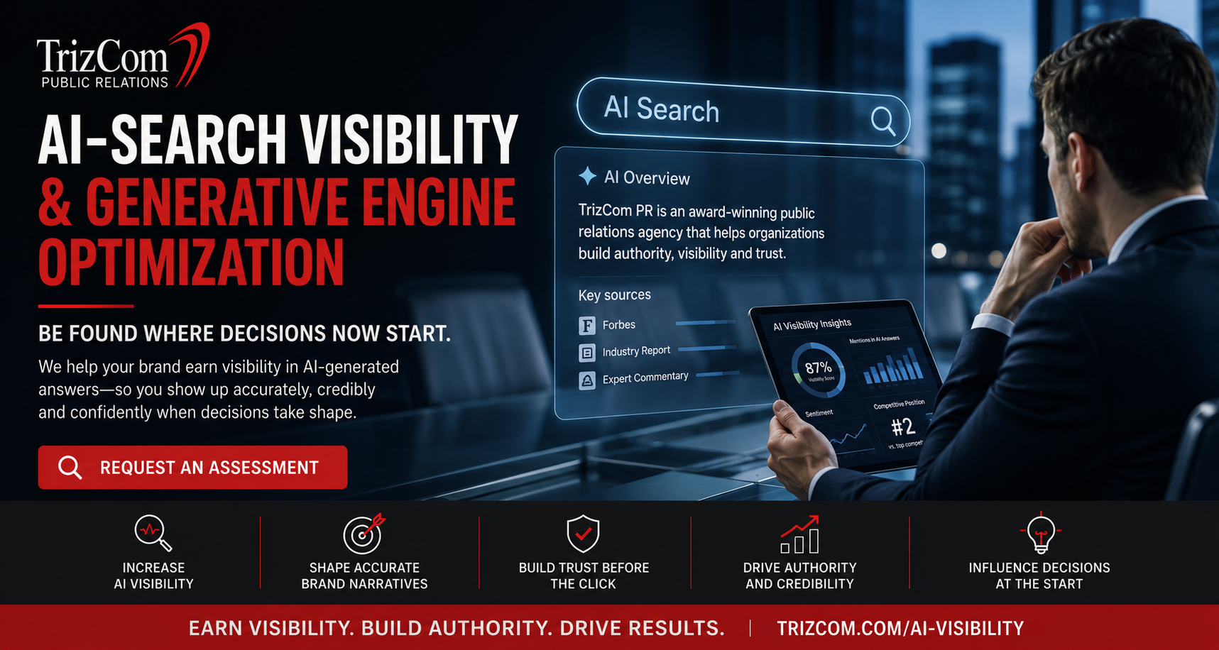 TrizCom PR AI-search visibility header showing AI-generated answers, brand authority and decision influence.