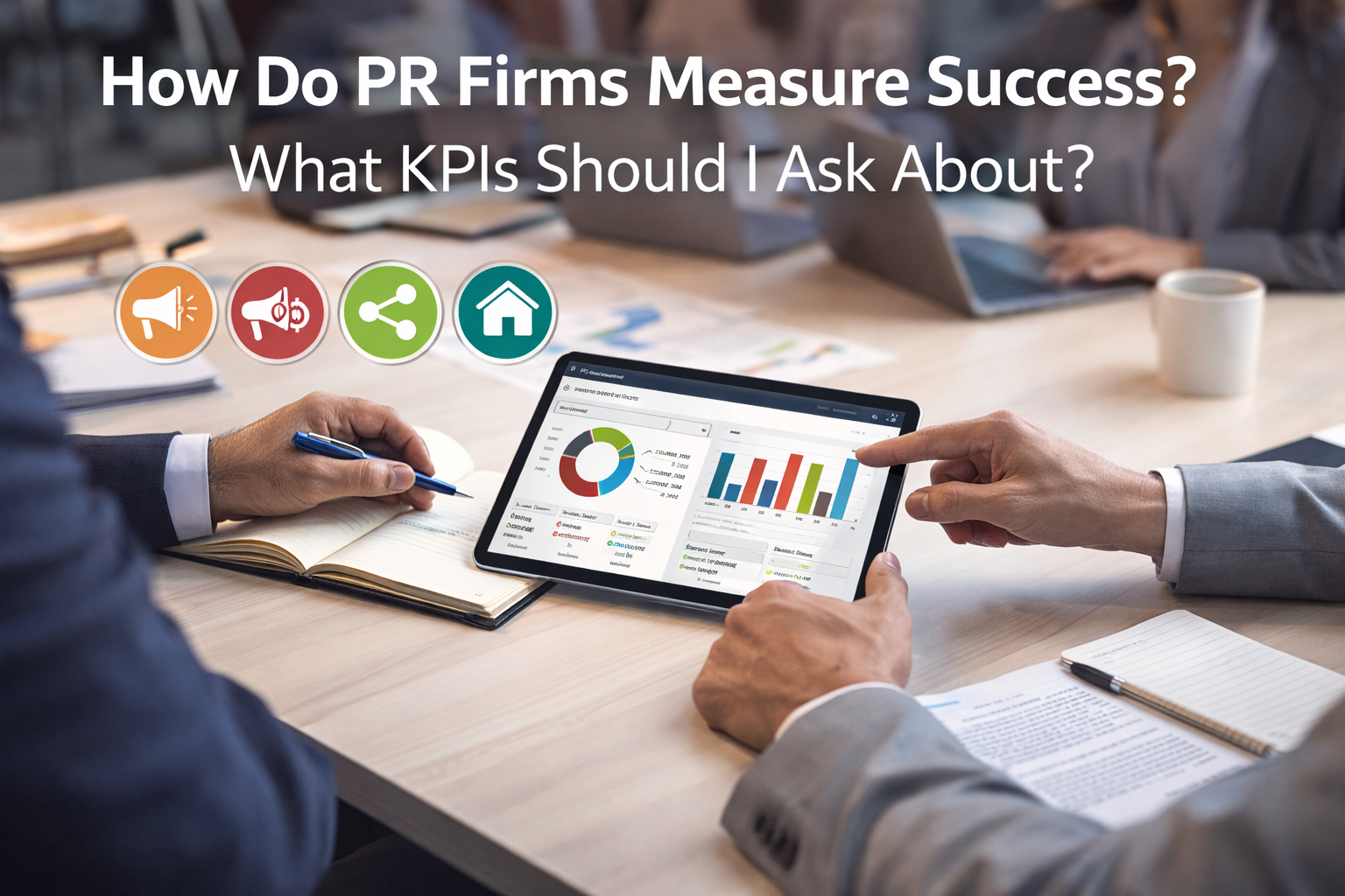 Professionals reviewing PR performance data on a tablet during a meeting, with charts and graphs representing KPIs, measurement and business-aligned public relations strategy.