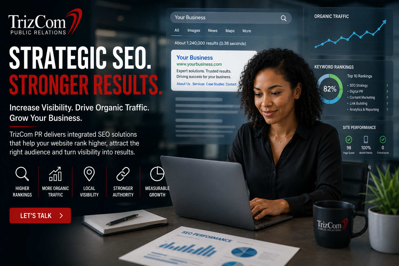 TrizCom PR issues management header showing early risk detection, AI monitoring, narrative strategy and reputation protection.