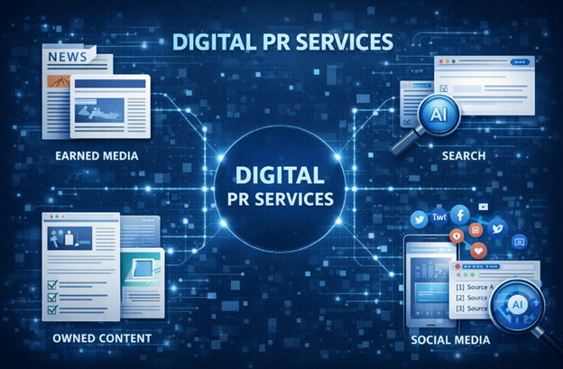 Illustration showing digital PR services with earned media articles, owned content pages, social media posts and search visibility connected by data lines to represent integrated digital public relations.