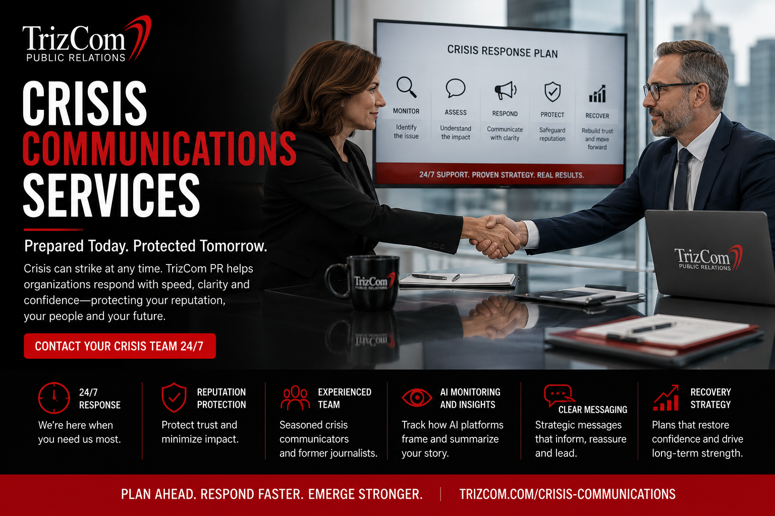 TrizCom PR crisis communications header showing 24/7 response, reputation protection, AI monitoring and recovery planning.