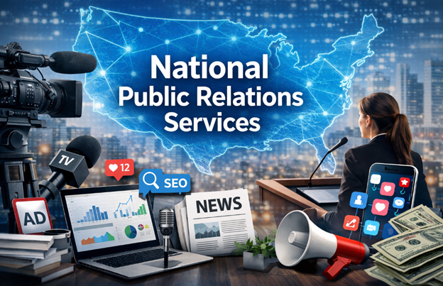 Illustration of national public relations services showing a U.S. map with network connections, media cameras and microphones, analytics dashboards, news coverage, social media icons and a spokesperson addressing a national audience.
