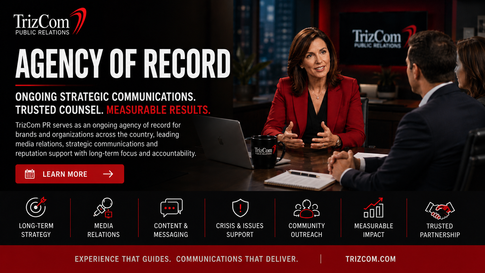TrizCom PR Agency of Record header showing a strategic client meeting, long-term communications support and measurable impact.