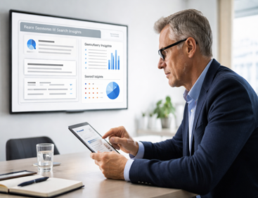 Man looking at a tablet in a corporate board room examining AI-Search Visibility