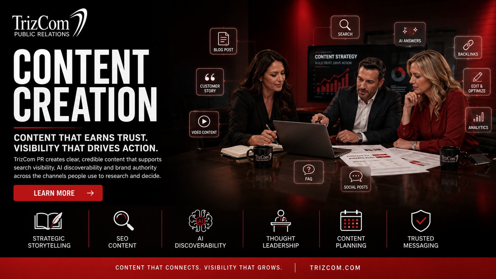 TrizCom PR content creation header showing strategic storytelling, SEO, AI discoverability and content planning.