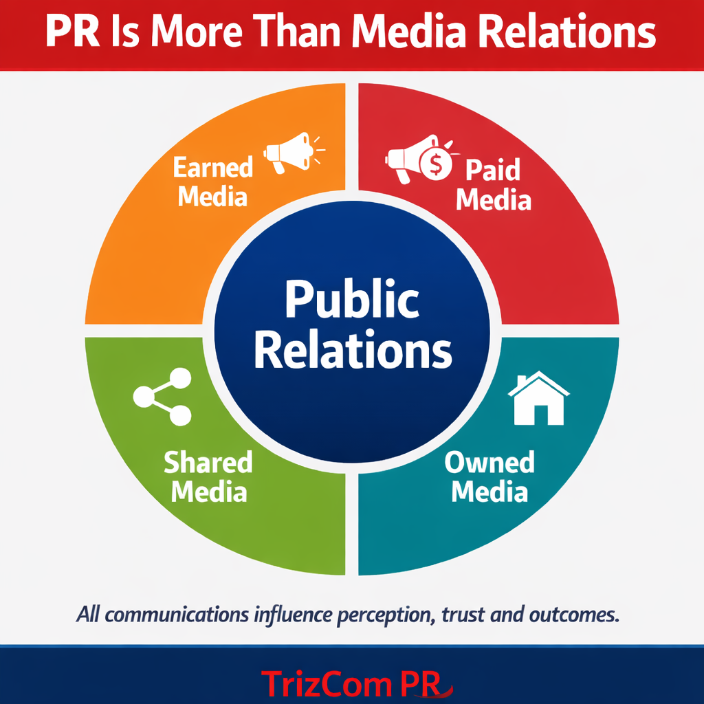 Circular infographic showing public relations at the center with four integrated channels: earned media, paid media, shared media and owned media, illustrating the PESO model and how all communications influence perception, trust and outcomes.