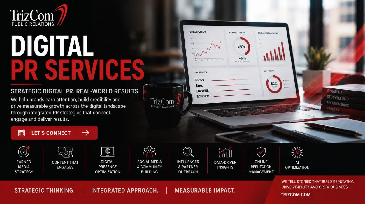 TrizCom PR Digital PR Services header featuring analytics, media strategy and AI optimization.