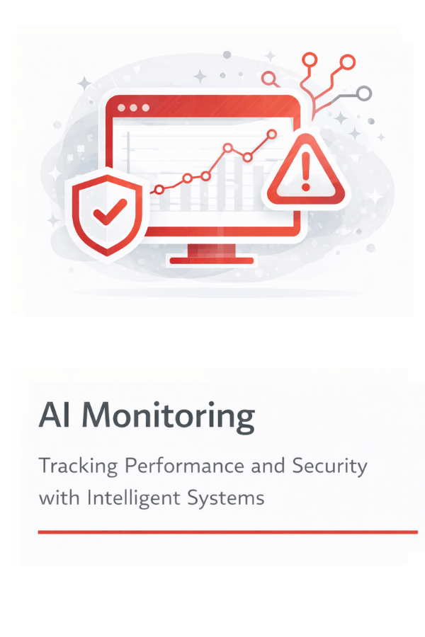 Flat-style red and gray illustration of AI Monitoring showing a computer screen with performance charts, a warning alert icon, and a security shield, representing AI system tracking, analytics, and risk detection.