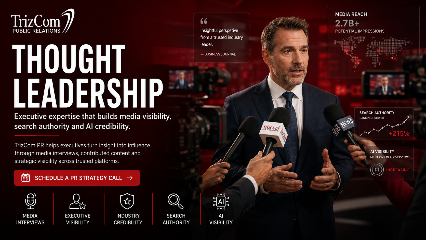 TrizCom PR thought leadership header showing an executive speaking with television reporters about industry expertise, search authority and AI visibility.