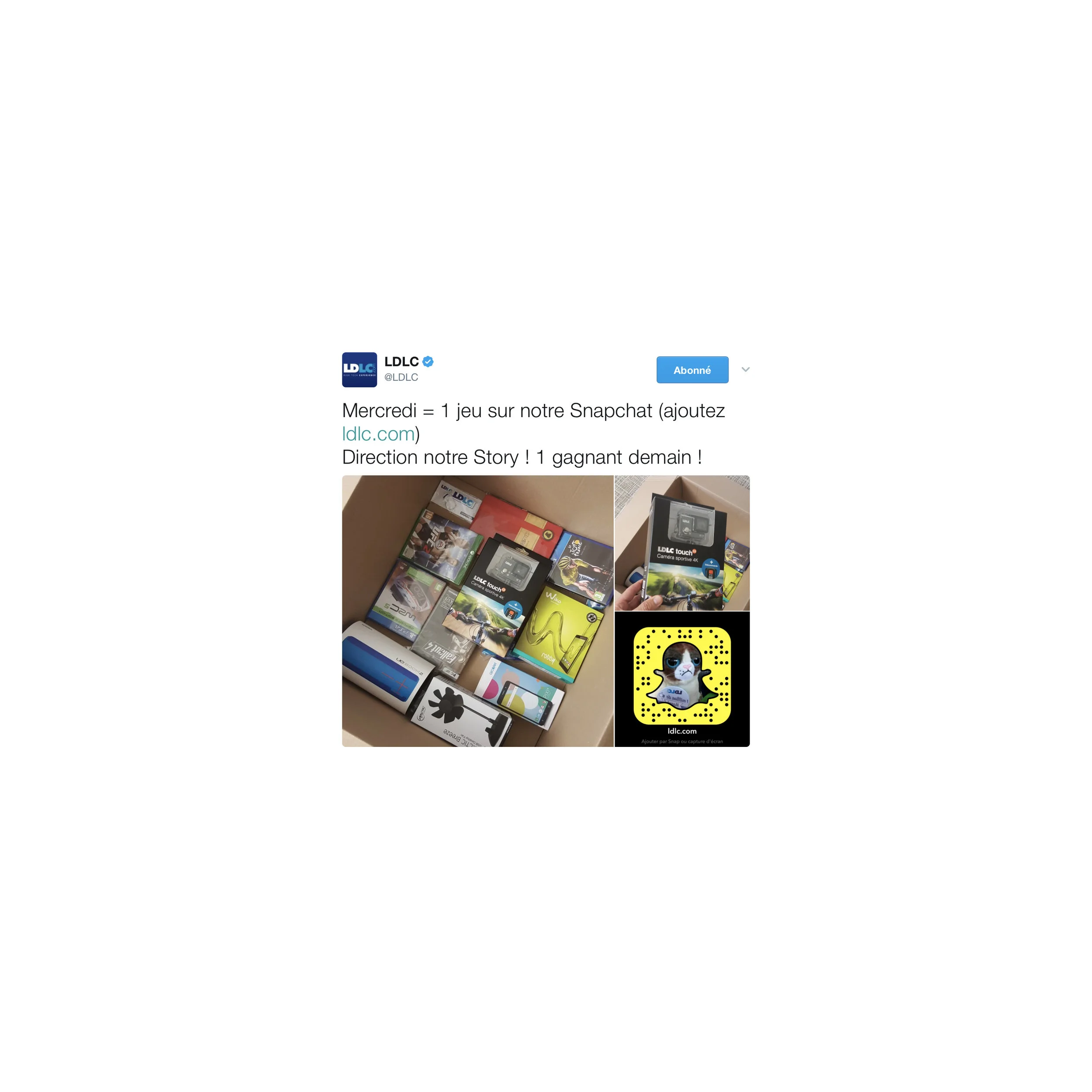 LDLC réalise régulièrement des jeux-concours sur Snapchat en les relayant sur les autres réseaux sociaux.