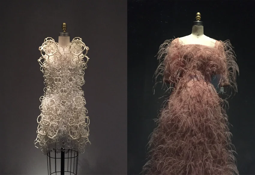 Above left is "Bahai" Dress from 2014 by Threesafour (American, founded 2005). Above right is Evening Dress from 1965 by House of Balenciaga.