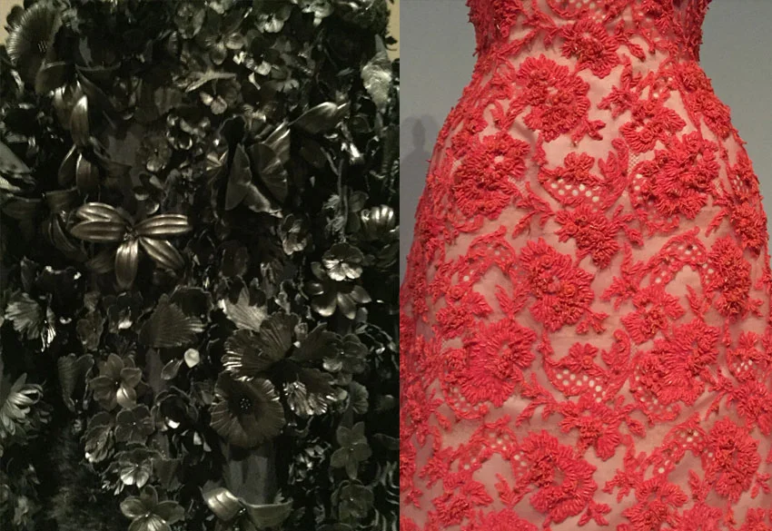 Above left is a detail of "Coat" from 2014 by Valentino S.P.A (Italian, founded 1959). Above right is a detail of "Evening Dress" from 1963 by House of Givenchy (French, founded 1952).