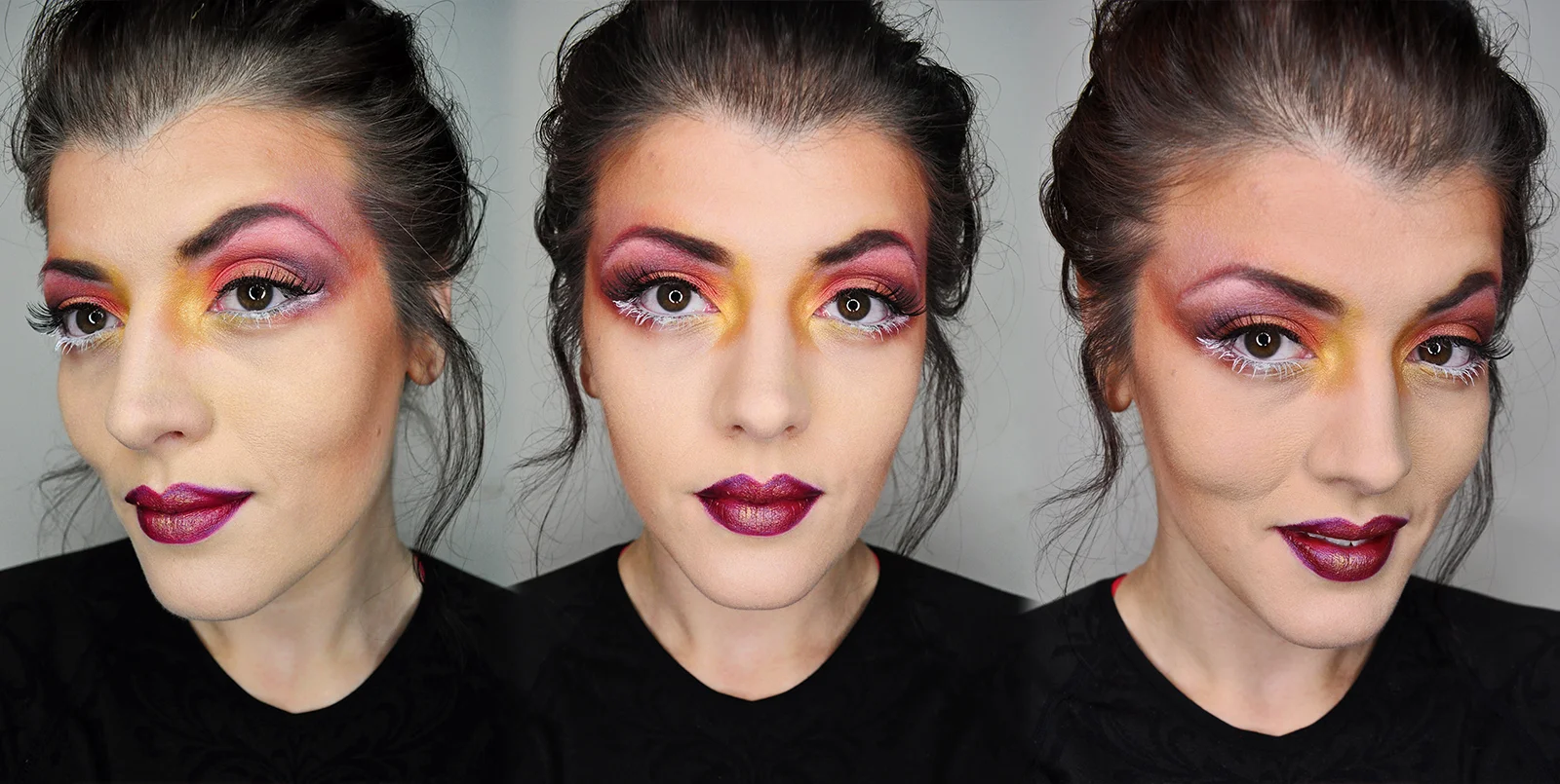 Eyes:NYX Milk; UD spectrum palette (omen, voodoo, flatline) ; Pantone color of the year Marsala palette (butterrum, marsala glitter) ; MUFE Technicolor palette (yellow) ; UD electric palette (jilted, slowburn); Venus grunge palette (venus, creator, muse, icon); lime crime white liner; Bloody Mary Mascara White, Benefit roller lash black, ardell curvy 411 falsies ; UD 24/7 pencil ransom Face: Bare minerals loose bronzer: warmth; ABH contour kit Yoption gold cream oil face paint UD eyeshadow primer MUFE micro HD finishing powder Bare minerals linen 03, bare minerals powder golden fair matte Kat Von D Lock it concealer light 18 UD brow box ABH brow wiz dark brown Too Faced Selfie powder moonbeam bite beauty matte lip cream - elderberry, VIB rouge italia lip liner deep purple ABH brow duality sand shimmer nyx wonder pencil light