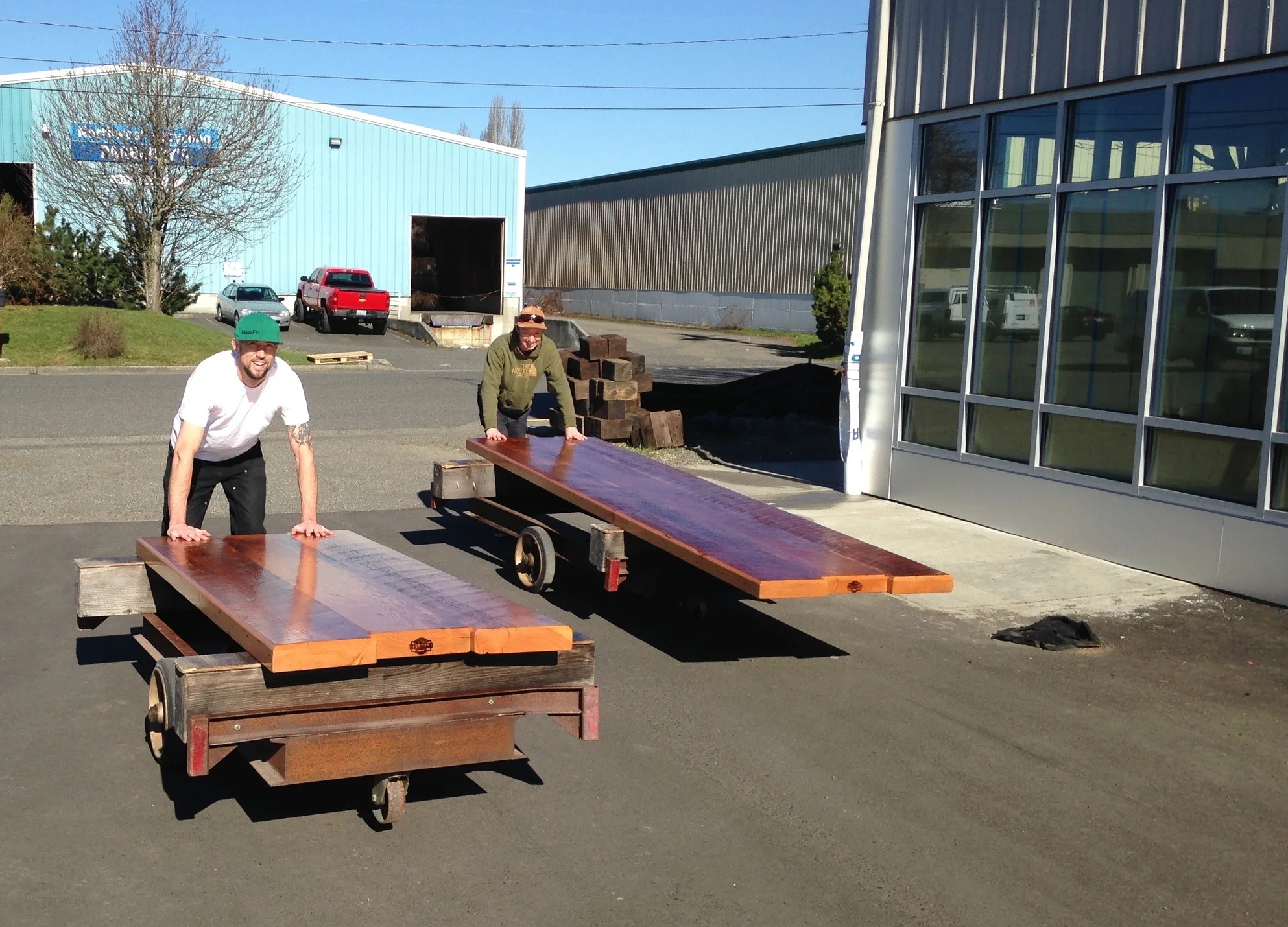 Bringing tops back from the finishing shop.