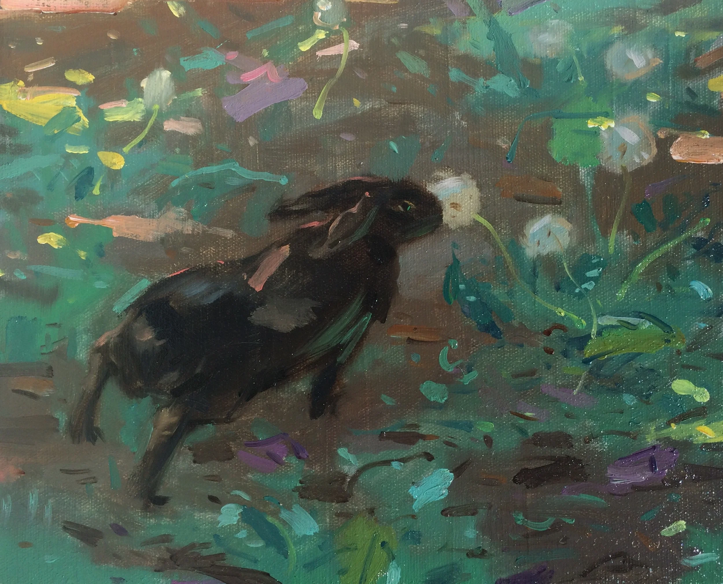 Dandelion Thief, Oil in panel, 8" x 10"