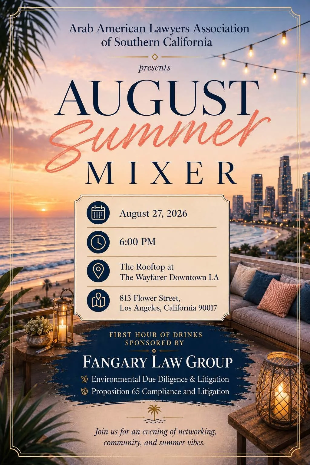 AALASC August Mixer on Thursday, August 27, 2026 at 6pm at The Rooftop at The Wayfarer Downtown LA