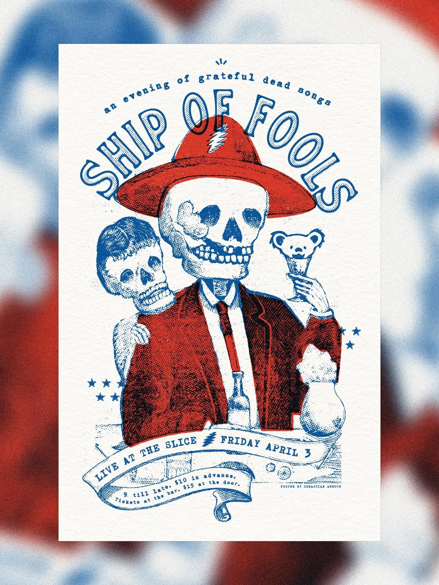 Cooked up a poster for a Grateful Dead cover band Ship of Fools. We adapted the artwork for a split fountain tee printed by @uffserigrafia 💀🌹 

Process-wise (slide 4) I sourced some royalty-free imagery via @cosmos, edited in Photoshop with Halfton