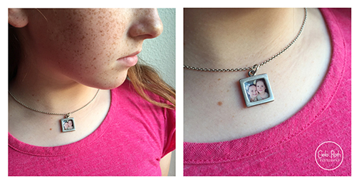 Square PlanetJill sterling silver photo necklace as modeled by Assistant Number 1.