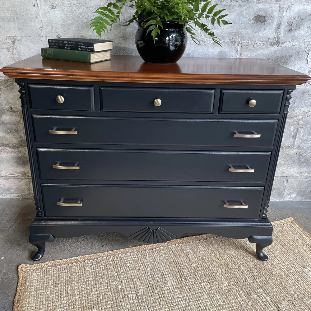 black dresser with wood top 4 Drawer Dresser, One Open Shelf, Superior Top, Single Door Cabinet, B