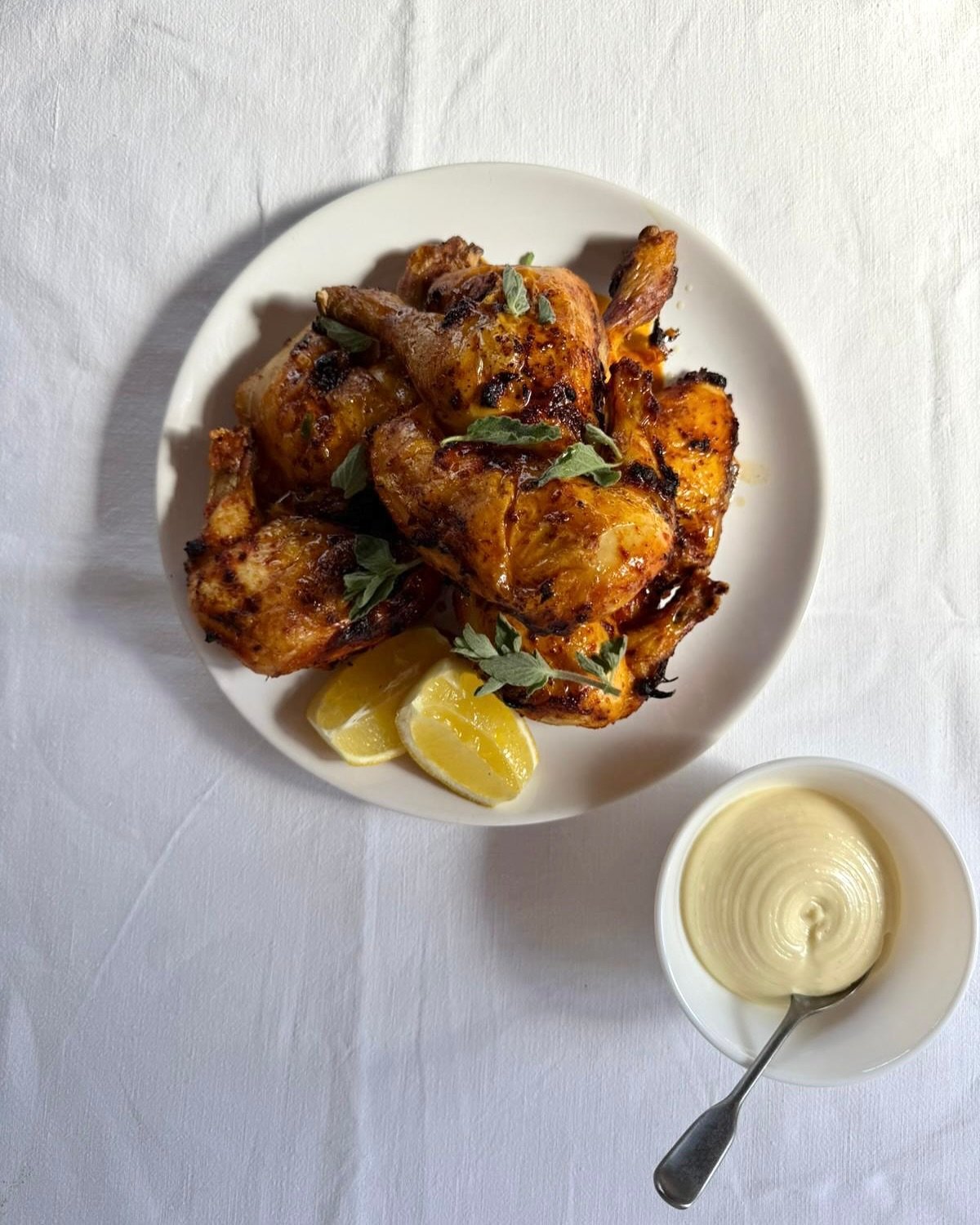 Whole roasted chicken diavolo with lemon aioli for Georgie and Ed and their 34 guests @theforgebristol last weekend with a special drop off from the youngest two members of the P&amp;B team 💓 Slow cooked leeks with ricotta and anchovies as one of th