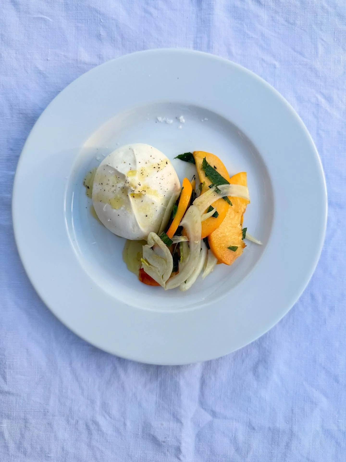 Starters of burratini, yellow peach, fennel and mint for Laura and Joseph and their 180 guests, served with our house focaccia. This followed a Champagne reception for 220 guests including fried nocellara olives stuffed with fennel sausage and parmes