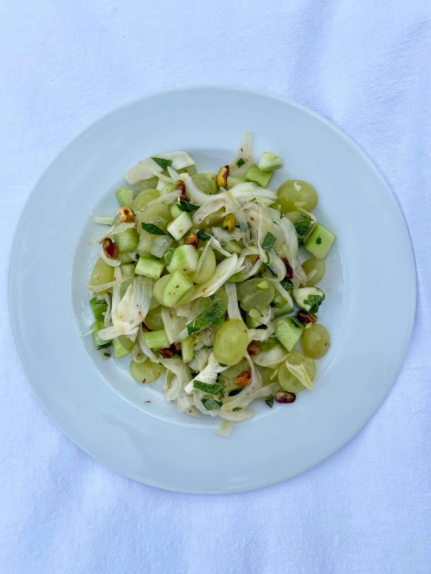 White grape, fennel, pistachio and mint for Sophie and Joe and their 85 guests on their beautiful flower farm with rain, wind, shine and rainbows last September. Other sharing starters were grilled leeks, apple, pecans, gorgonzola picante and watercr