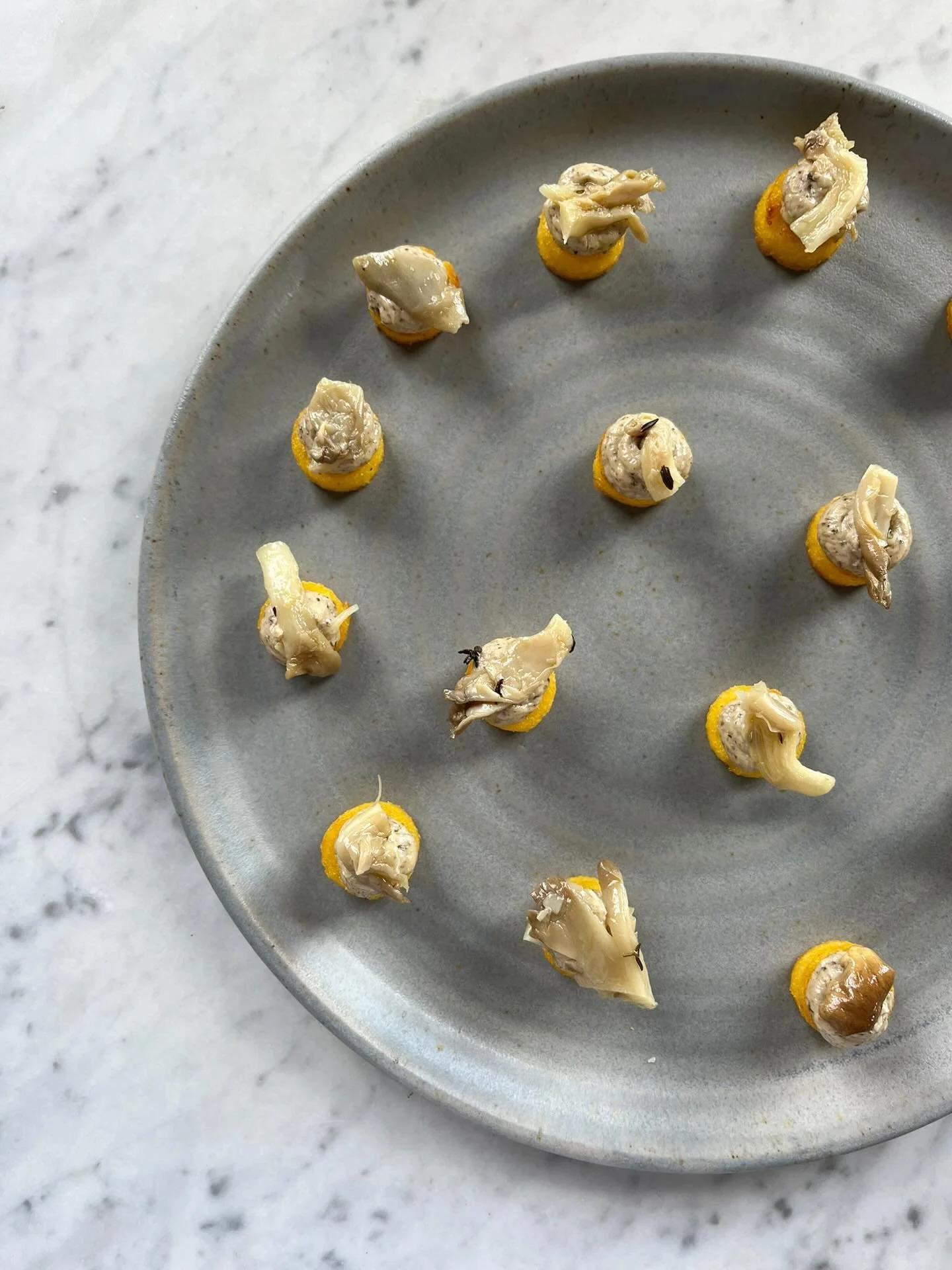 We cooked for Sara and Sam in the autumn and we took these two pictures. These are our fried polenta with mushroom aioli and pickled mushroom canap&eacute;s - an earthy and delicious taste sensation, plus we&rsquo;ve nailed a vegan mushroom aioli. To